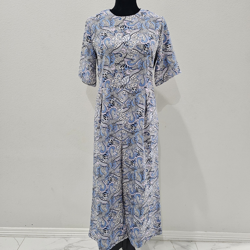 Elegant Paisley Print Jumpsuit - Blue and White